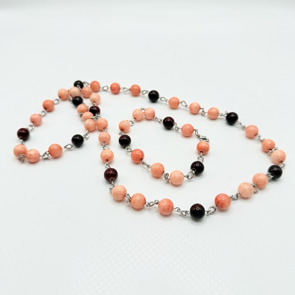 Peach Pink Round Stone Bead & Red Glass Silver Tone Necklace & Bracelet Set